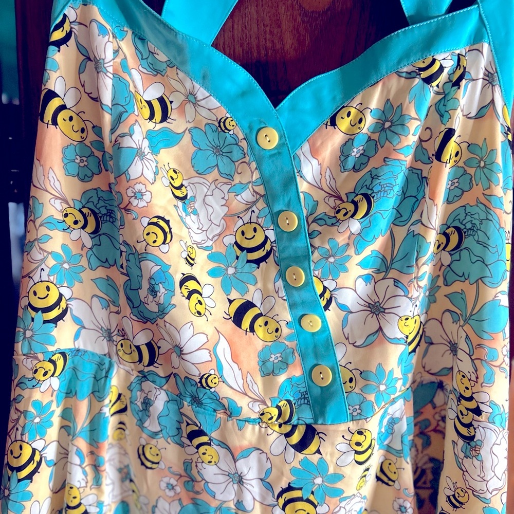 NWOT Banned Apparel Bees 🐝 US 18 poly turquoise peach sun dress - Picture 2 of 15